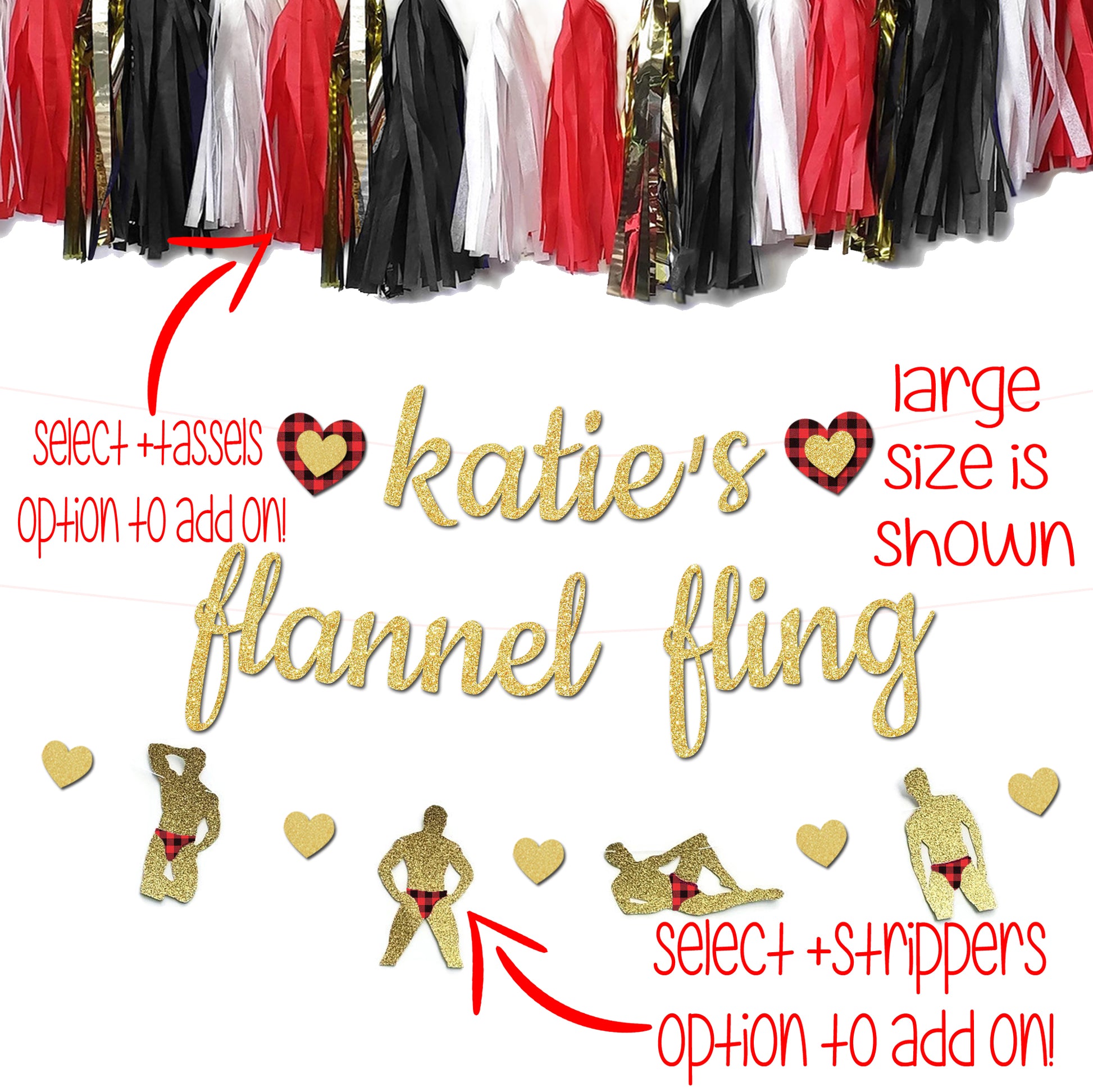flannel fling banner with flannel hearts and flannel stripper banner