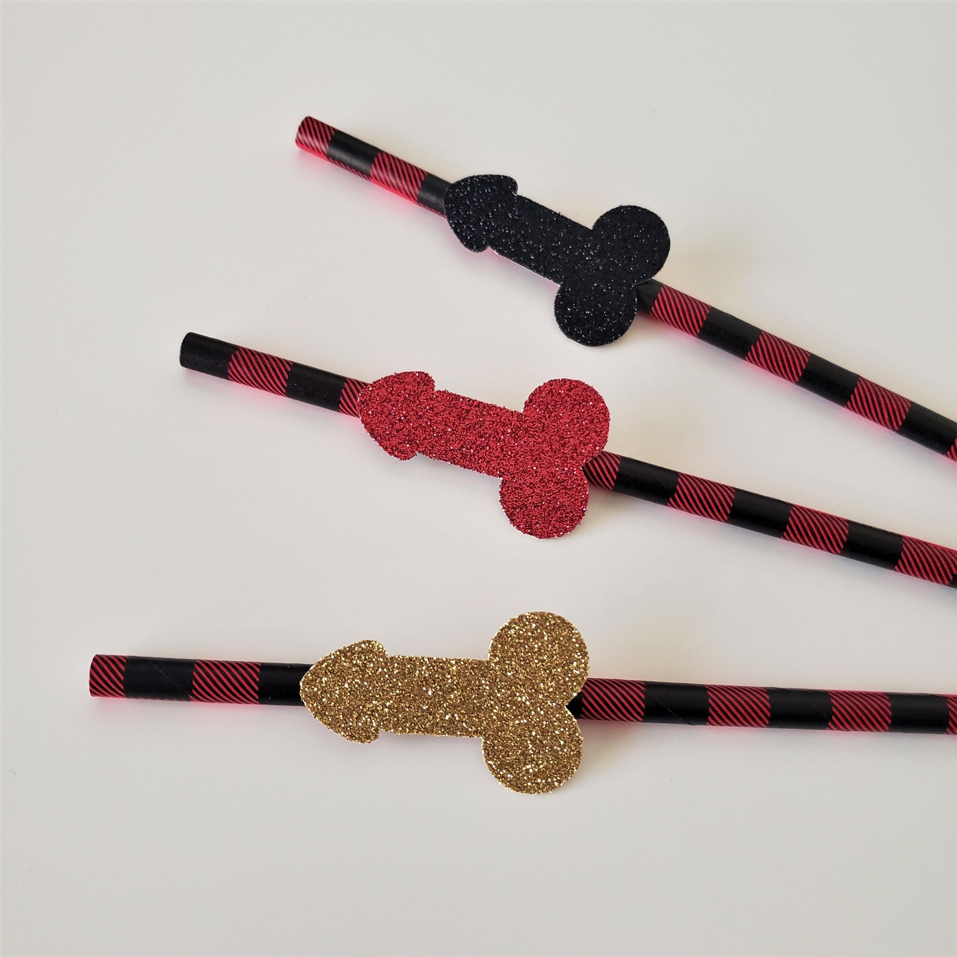 gold red and black glitter penis straws in flannel