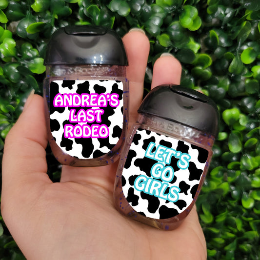 Cow Print Bachelorette Party Hand Sanitizer Labels, Hand Sanitizer Party Favors, Personalized Hand Sanitizer Labels Last Rodeo Lets Go Girls