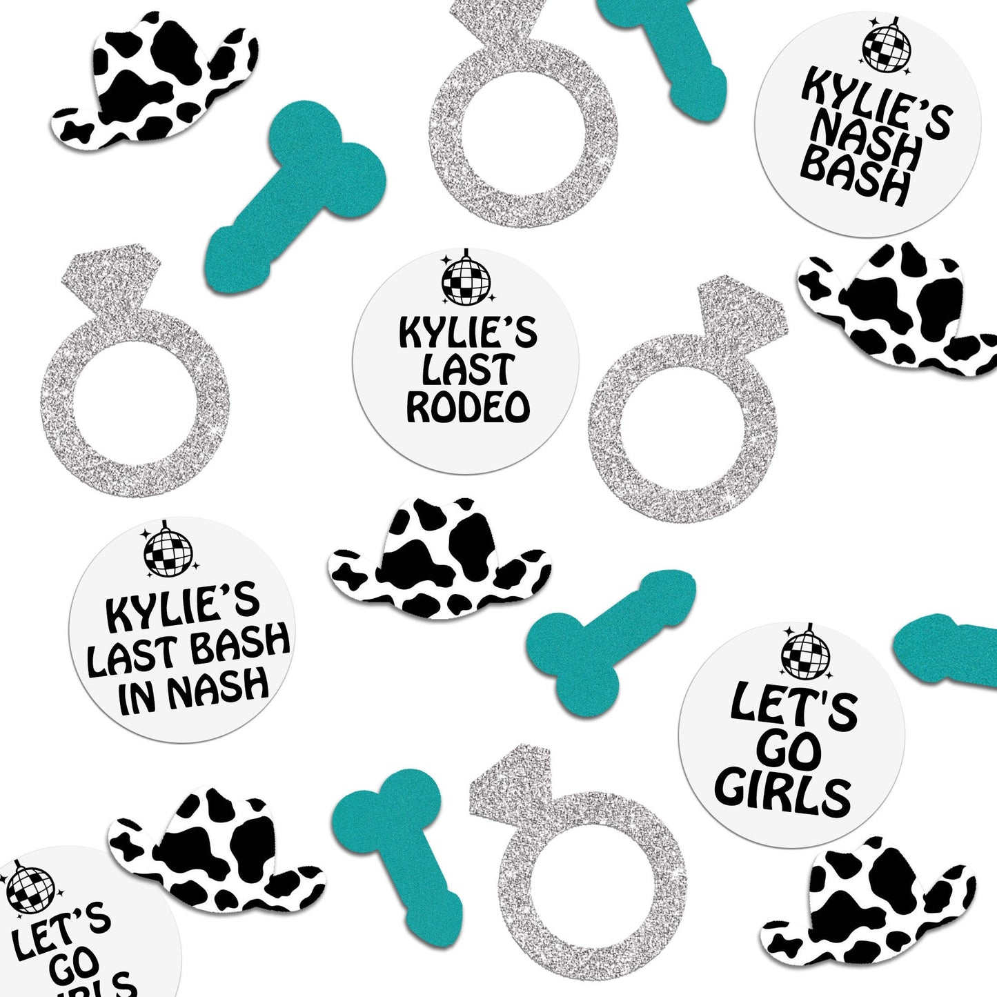 Personalized Cow Print Disco Cowgirl Bachelorette Party Penis Confetti with optional Cow Print Penis Straws