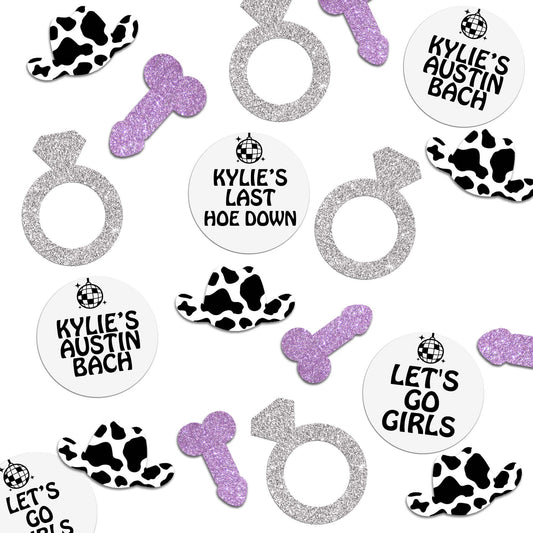 Personalized Cow Print Disco Cowgirl Bachelorette Party Penis Confetti with optional Cow Print Penis Straws