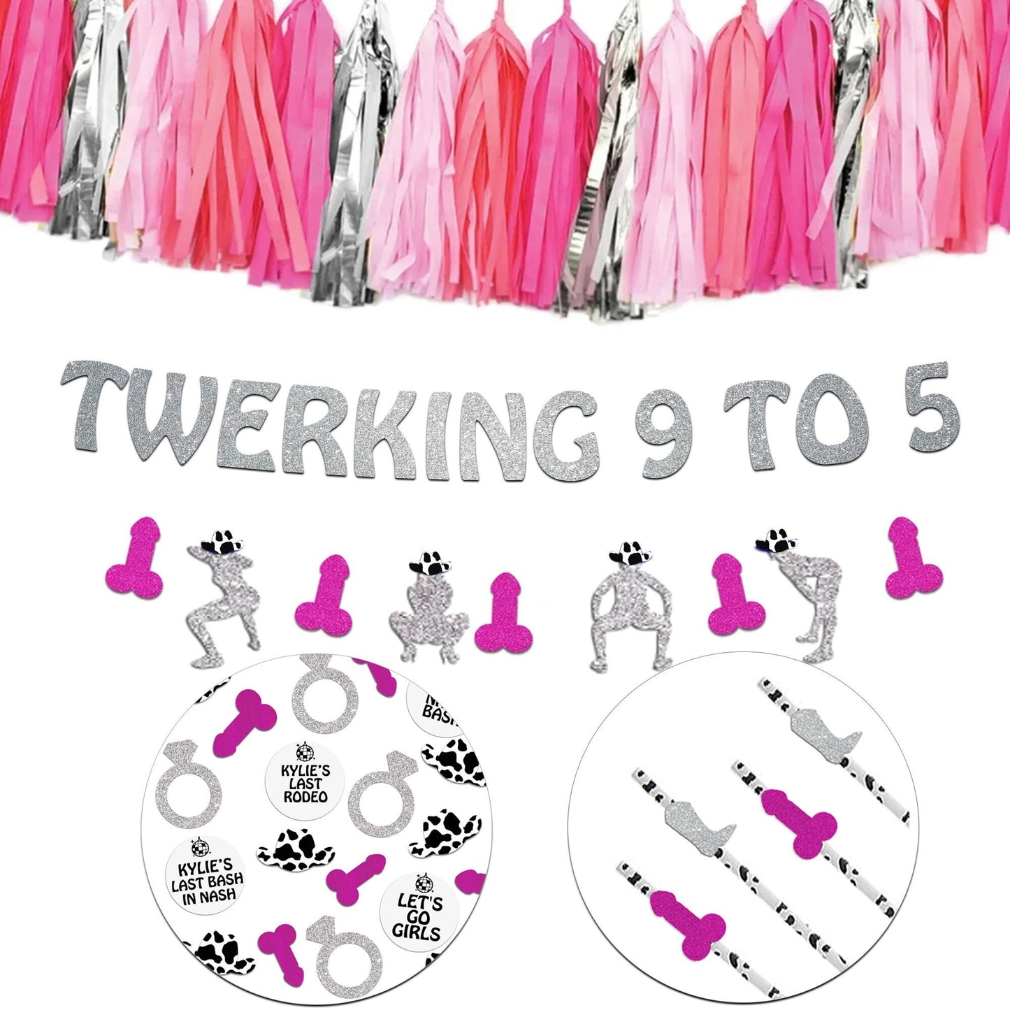 Twerking 9 to 5 Bachelorette Party Banner, Disco Cow Girl Bachelorette Decorations, Cow Print Bachelorette Party Penis Banner