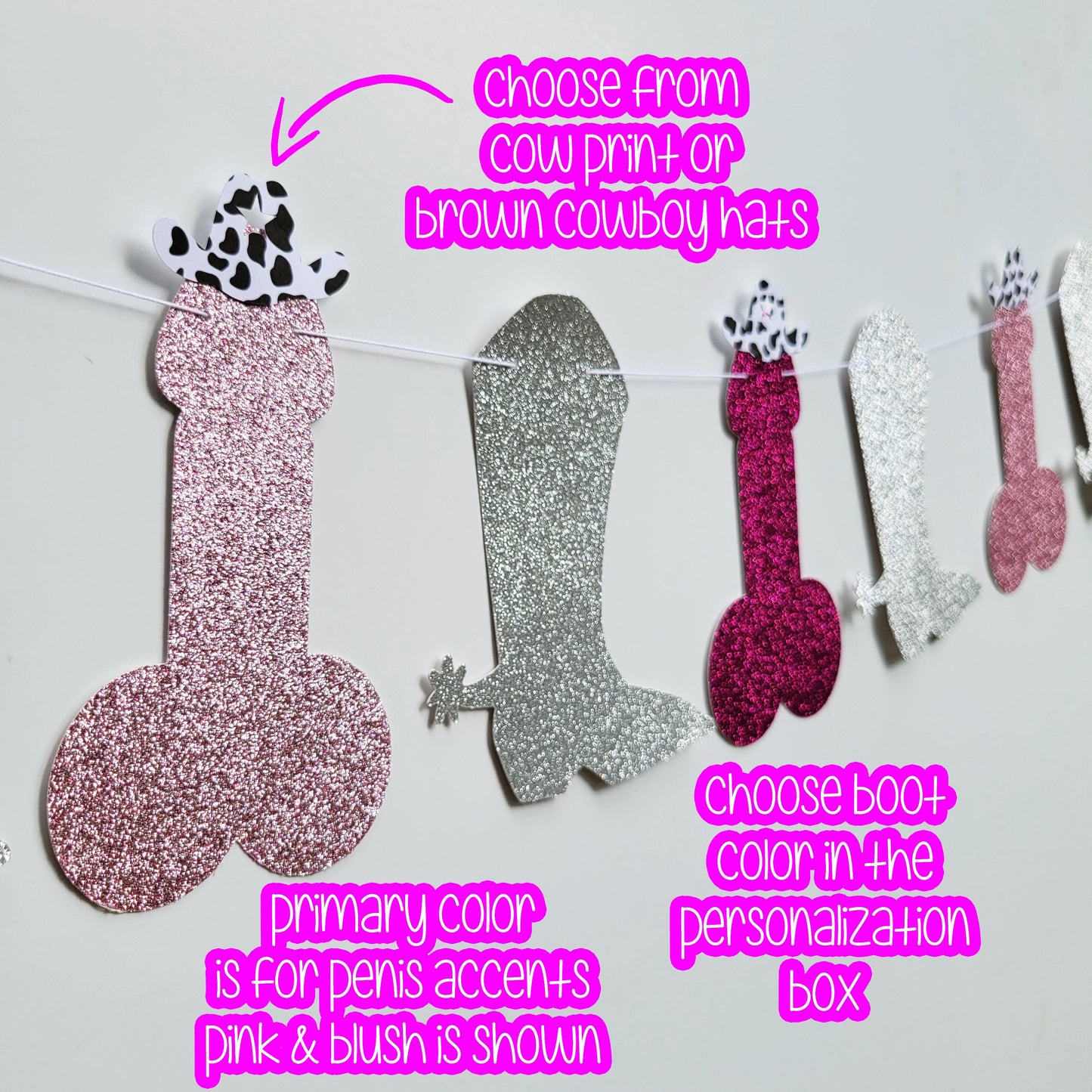 Boot and Penis Banner, Cow Print Cowboy Hat Penis Banner, Nash Bash Banner, Nashville Bachelorette, Last Rodeo Bachelorette Party Package