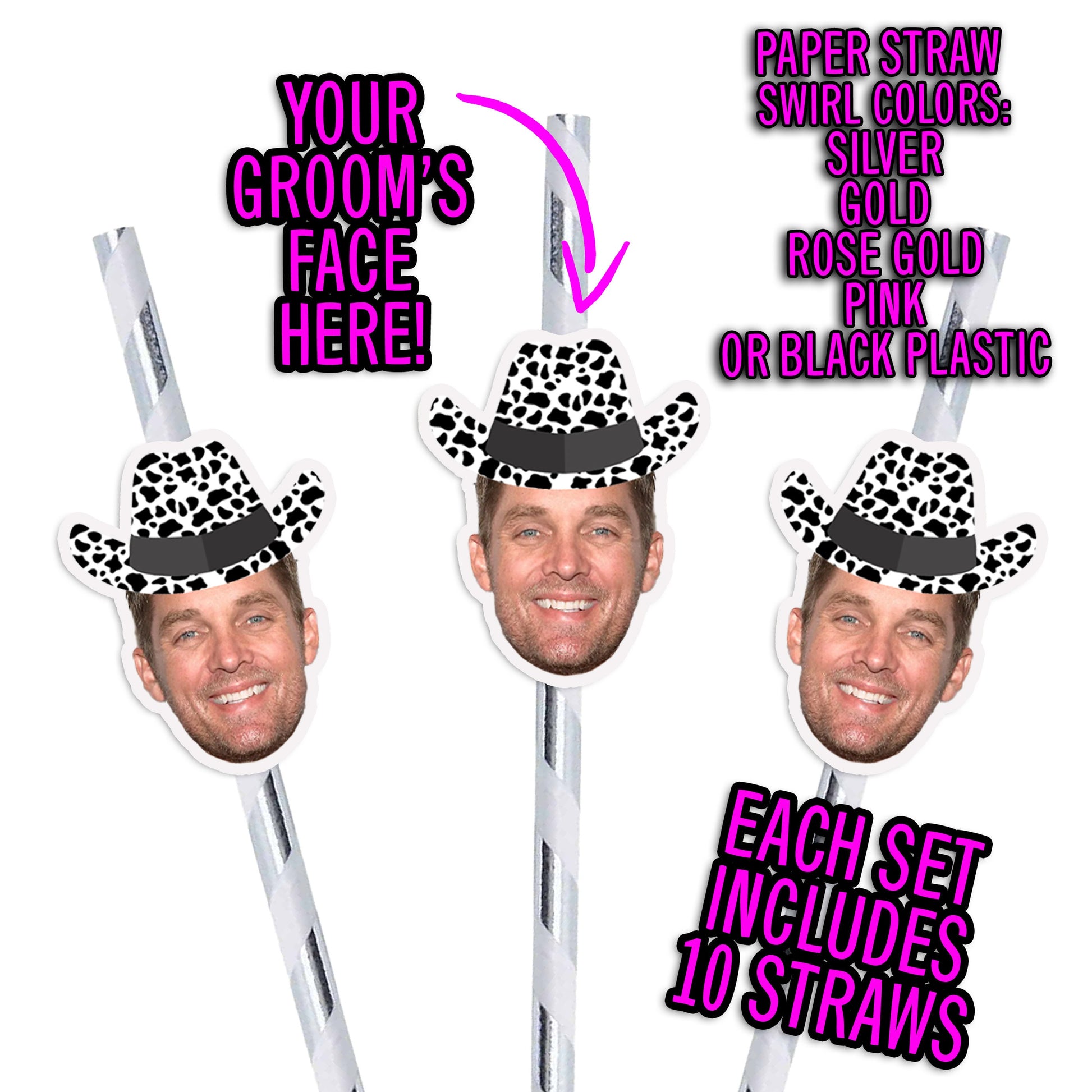 Groom Head Cow Print Cowboy Hat Confetti with Matching Straws Package, Groom Face Bachelorette Party Decorations, Last Ride Disco Cow Girl