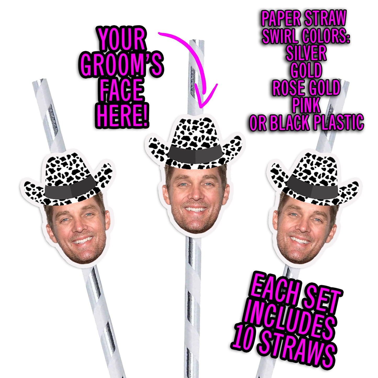 Groom Head Cow Print Cowboy Hat Straws with Matching Confetti Package, Groom Face Bachelorette Party Decorations, Last Ride Disco Cow Girl