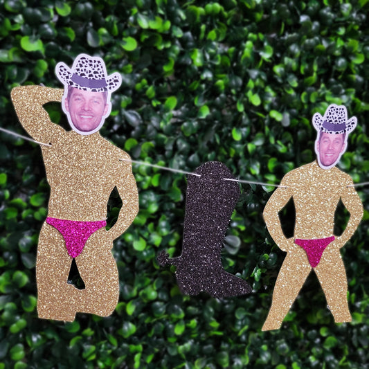 Groom Head Cow Print Cowboy Hat Stripper Banner with Pink Thong, Nashville Bachelorette Party Decorations, Cowgirl Bachelorette Party