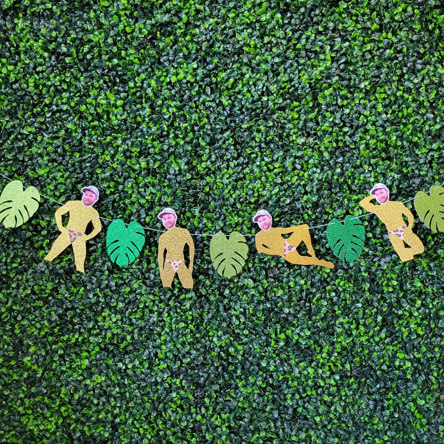 Tropical Bachelorette Groom Face Banner with Leopard Thongs, Groom Head Bachelorette Lingerie Banner, Palm Leaf Bachelorette Party Banner