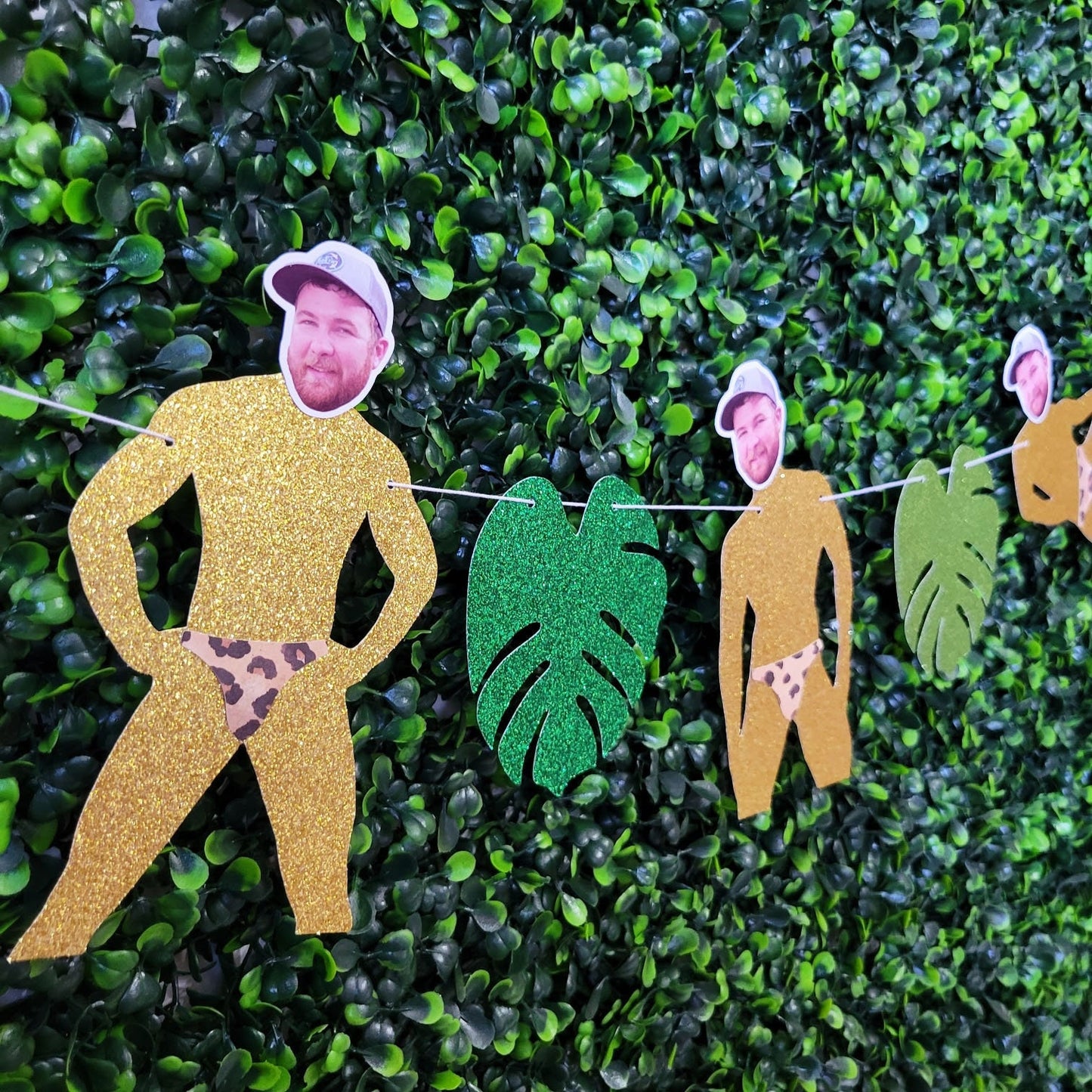 Tropical Bachelorette Groom Face Banner with Leopard Thongs, Groom Head Bachelorette Lingerie Banner, Palm Leaf Bachelorette Party Banner