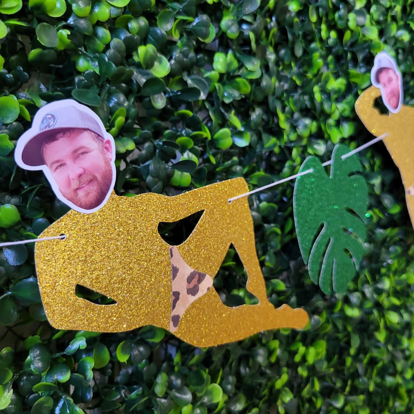 Tropical Bachelorette Groom Face Banner with Leopard Thongs, Groom Head Bachelorette Lingerie Banner, Palm Leaf Bachelorette Party Banner