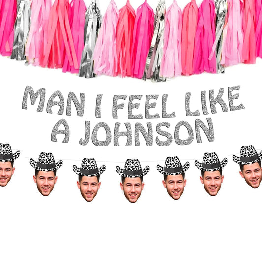 Man I Feel Like A Custom Last Name Cowboy Party Banner with Optional Groom Face Banner with Cow Print Hat, Disco Cow Girl Bachelorette