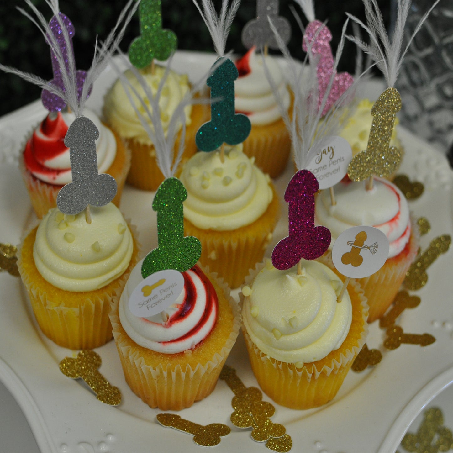Penis Cupcake Toppers with Feathers