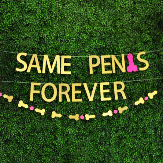 bachelorette party banner in glitter card stock reading same penis forever with pink penis accent
