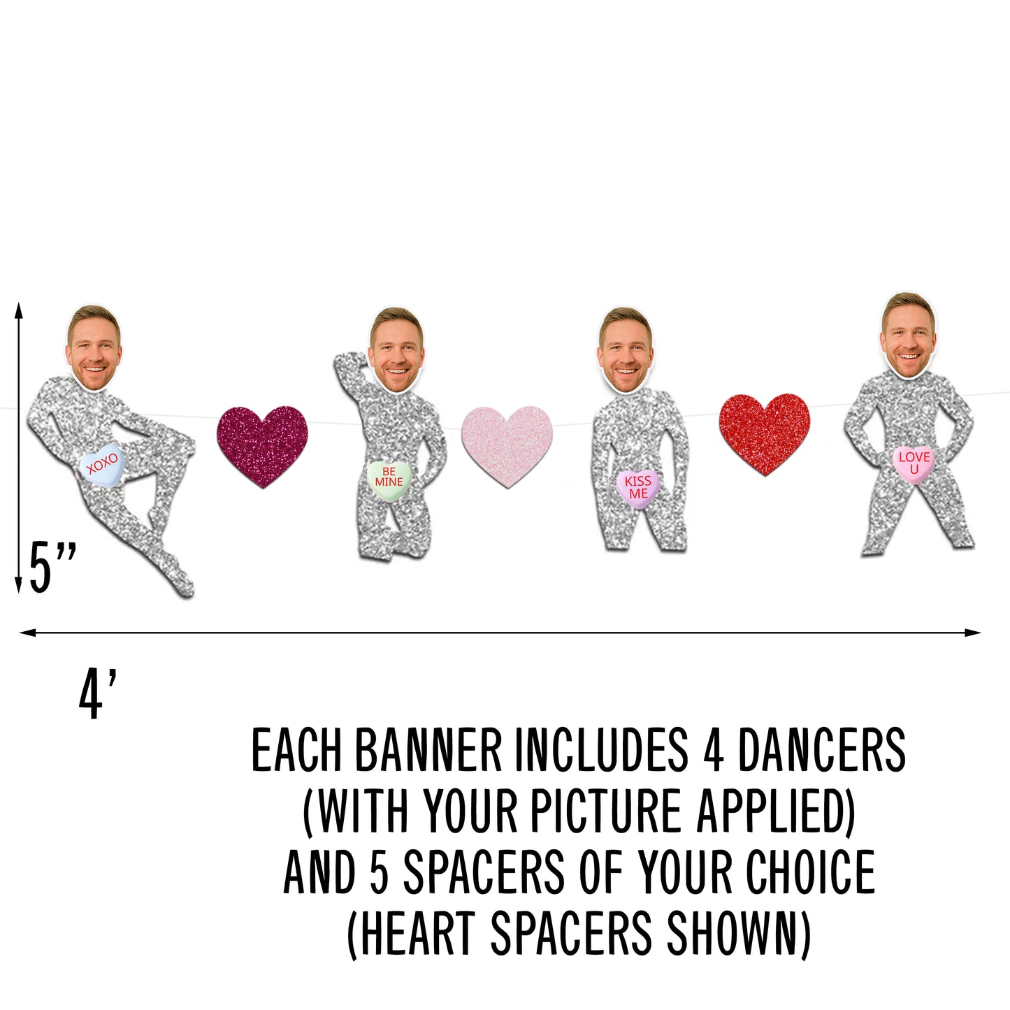 Custom Groom Face Dancer Banner – Candy Heart Valentine’s Bachelorette Decor