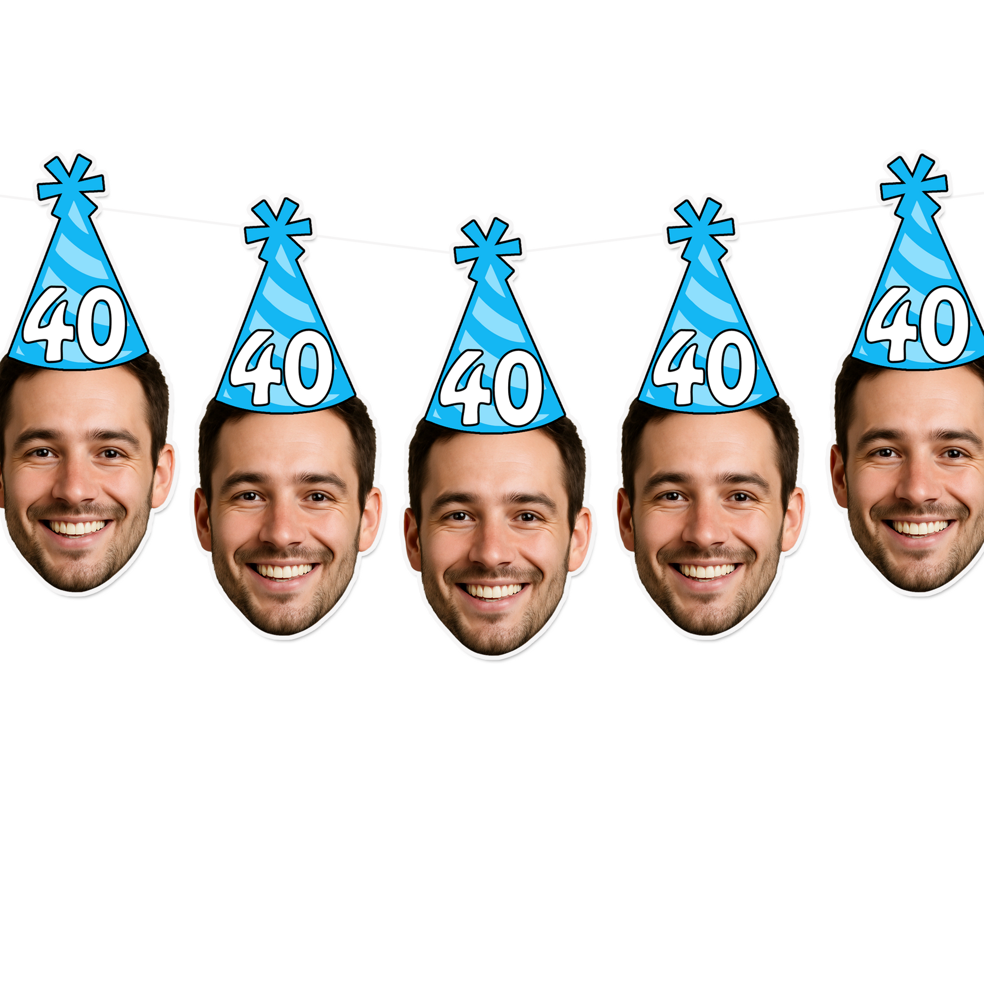 Five identical face prints of a man wearing a '40' birthday hat on a white background