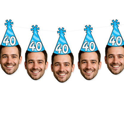 Five identical face prints of a man wearing a '40' birthday hat on a white background