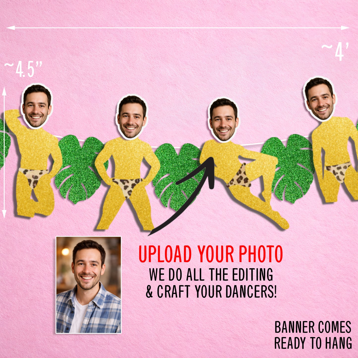 Funny personalized groom face banner for beach bachelorette party showing how photo is applied to banner
