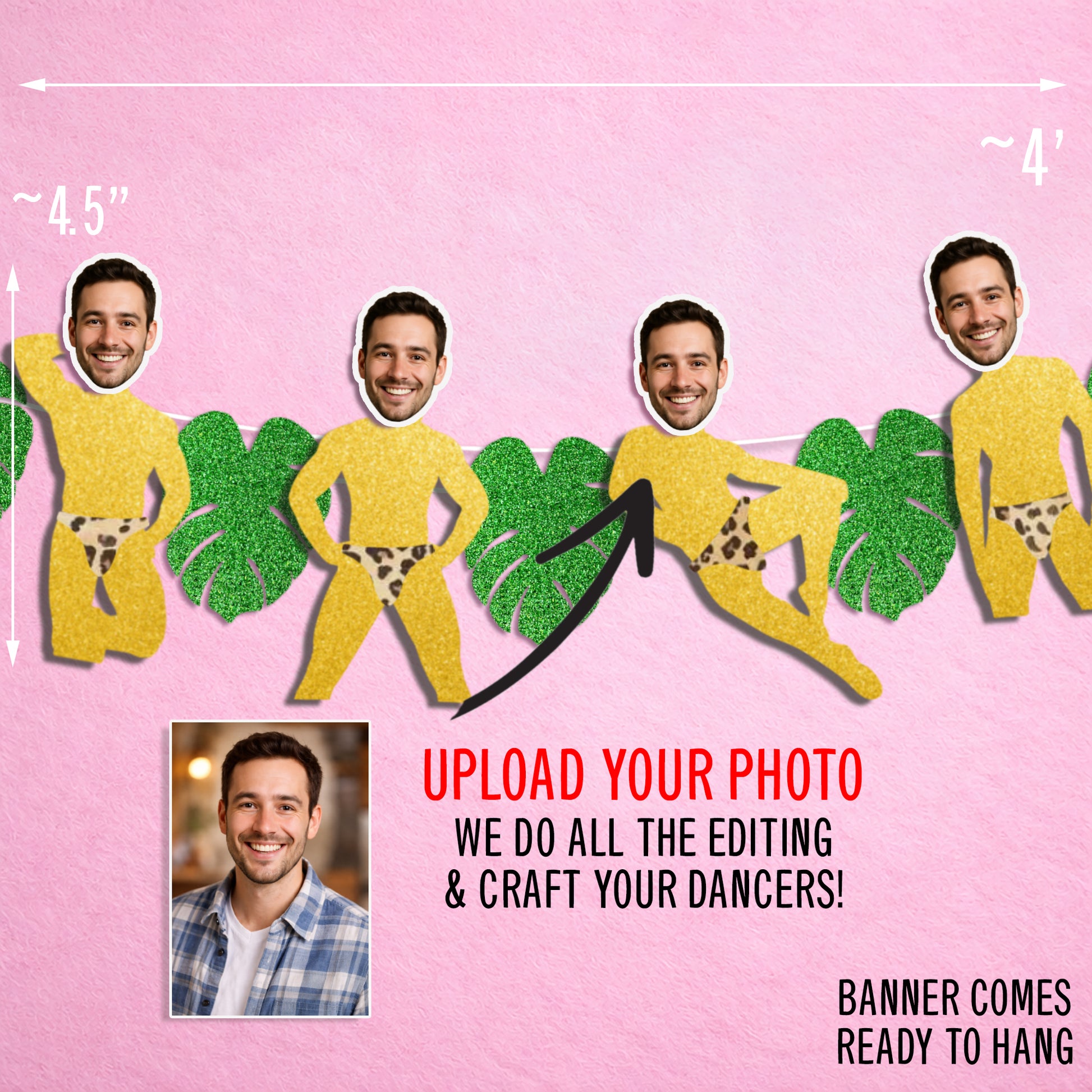 Funny personalized groom face banner for beach bachelorette party showing how photo is applied to banner