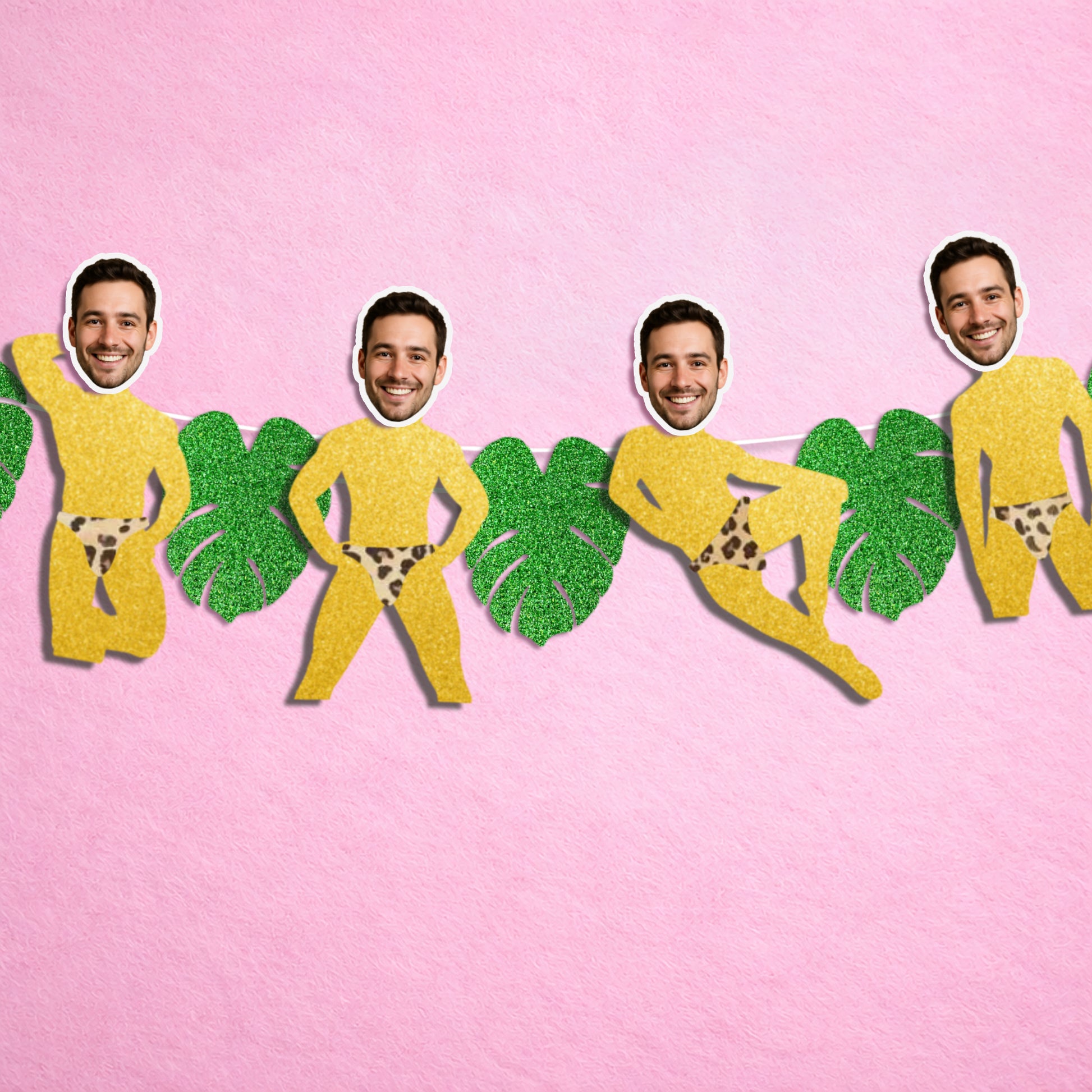 personalized tropical bachelorette banner with funny custom groom face dancer shapes