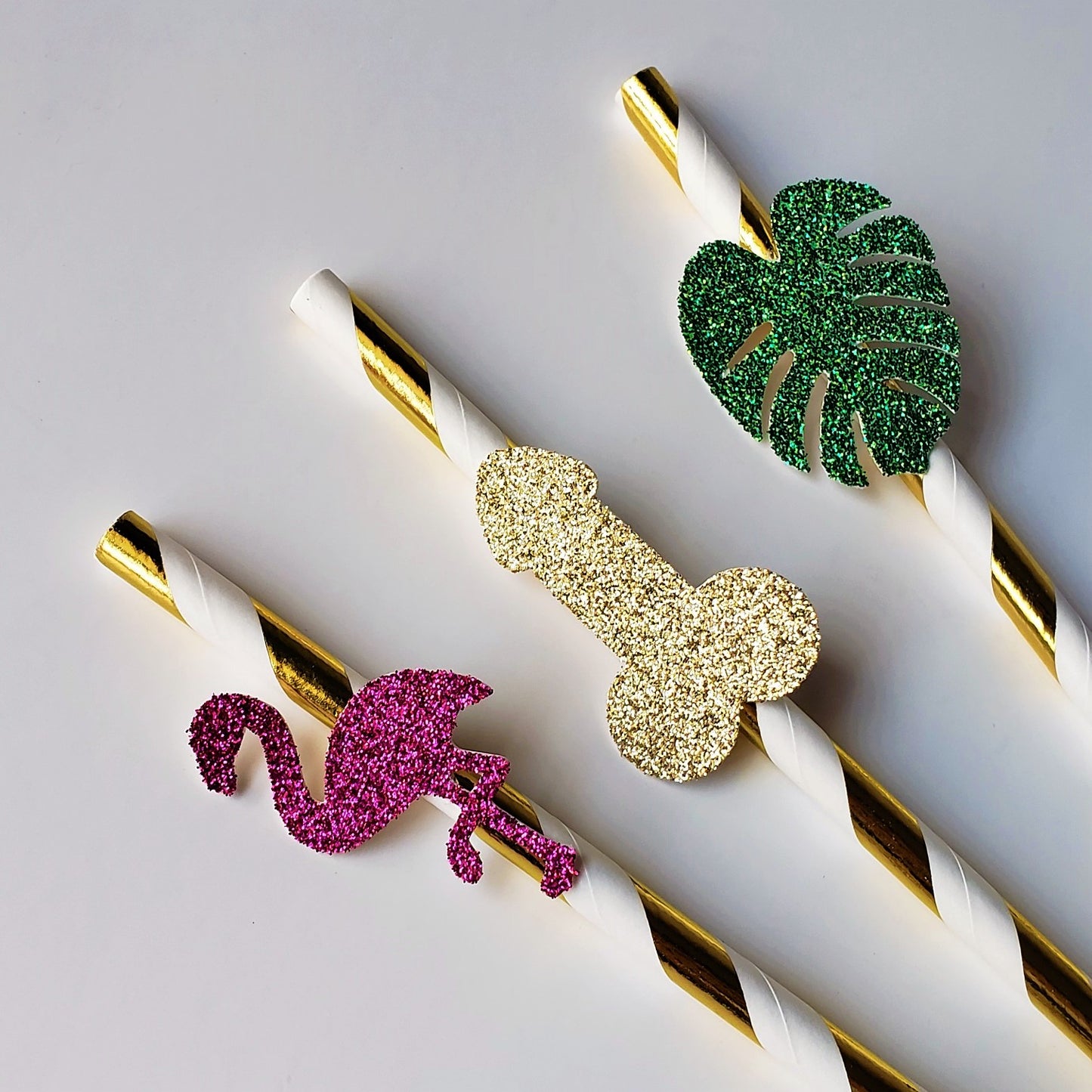 flamingo straw palm leaf straw and gold glitter penis straw