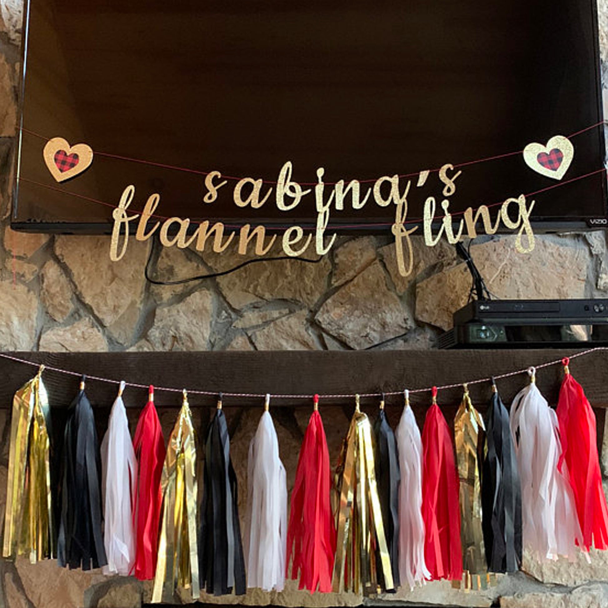 personalized flannel fling banner with flannel hearts and flannel tassel garland