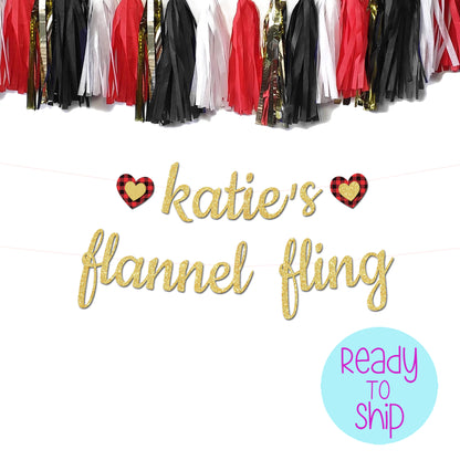 custom flannel fling banner with flannel hearts and matching tassel garland