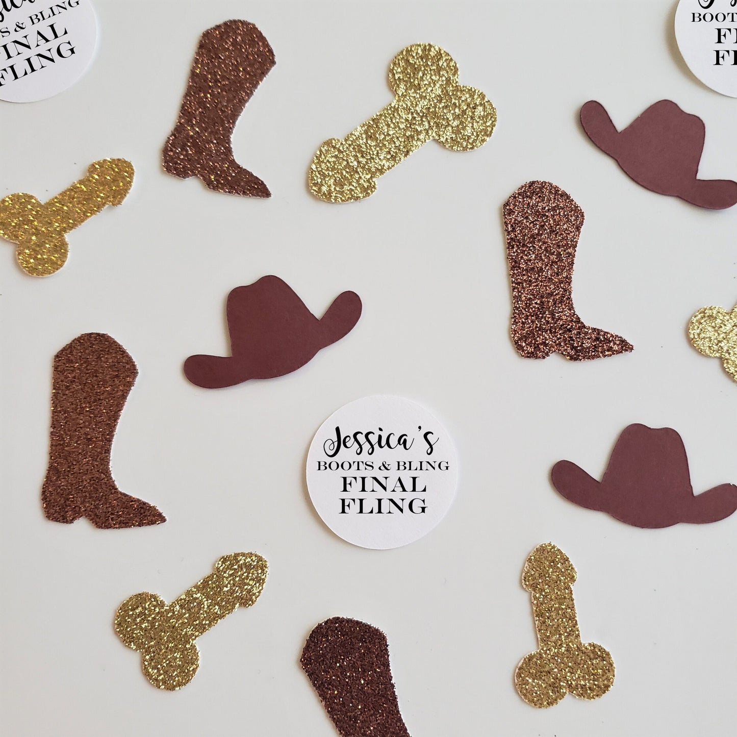 Boot, Cowboy Hat, and Penis Confetti with Personalized Confetti Circles, Boot and Bling Bachelorette Party, Nash Bash, Last Rodeo Confetti