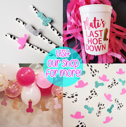 Personalized Cow Print Disco Cowgirl Bachelorette Party Penis Confetti with optional Cow Print Penis Straws