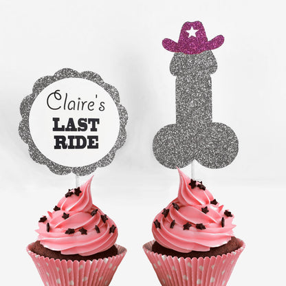 Personalized Last Ride Cupcake Toppers, Penis with Cowboy Hat Decor, Nashville Bachelorette, Boot and Penis Decor, Last Rodeo Bachelorette