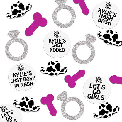 Personalized Cow Print Disco Cowgirl Bachelorette Party Penis Confetti with optional Cow Print Penis Straws