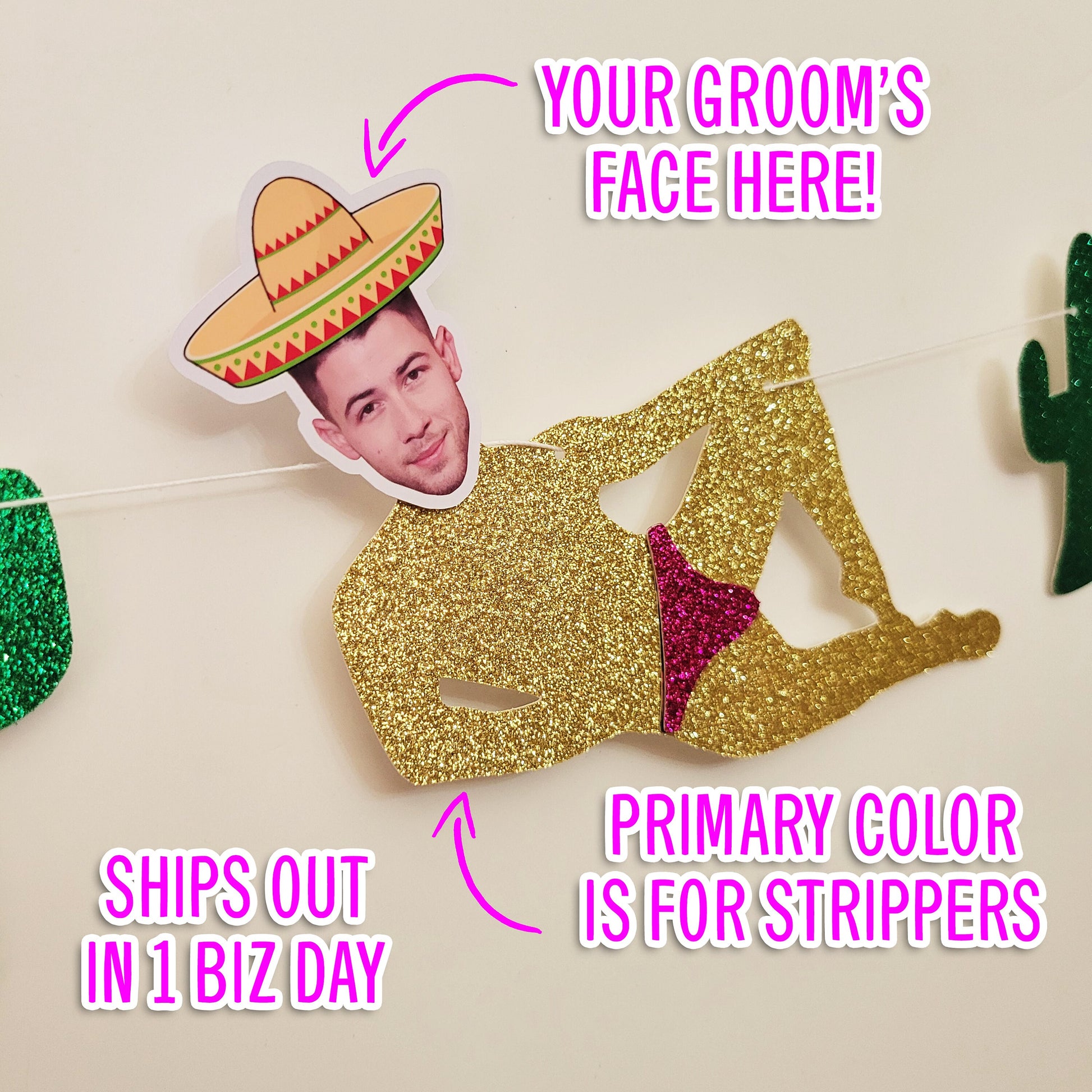 Final Fiesta Bachelorette Party Groom Face wearing Sombrero Stripper Banner with Cactus, Mexico Bachelorette