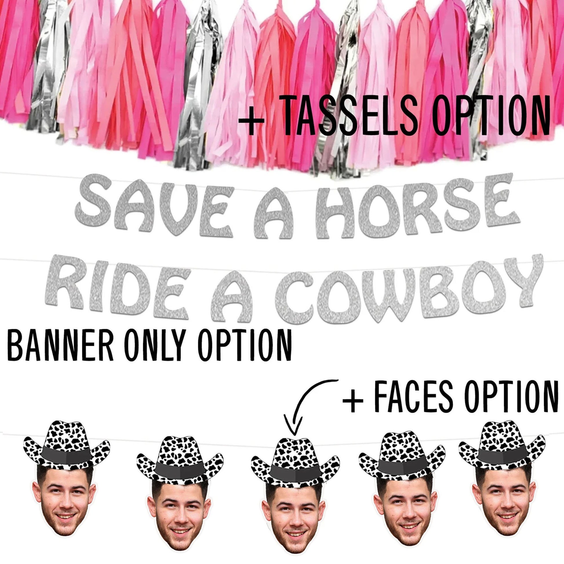 Save a Horse Ride a Cowboy Bachelorette Party Banner with Optional Groom Face Banner with Cow Print Hat, Disco Cow Girl Bachelorette