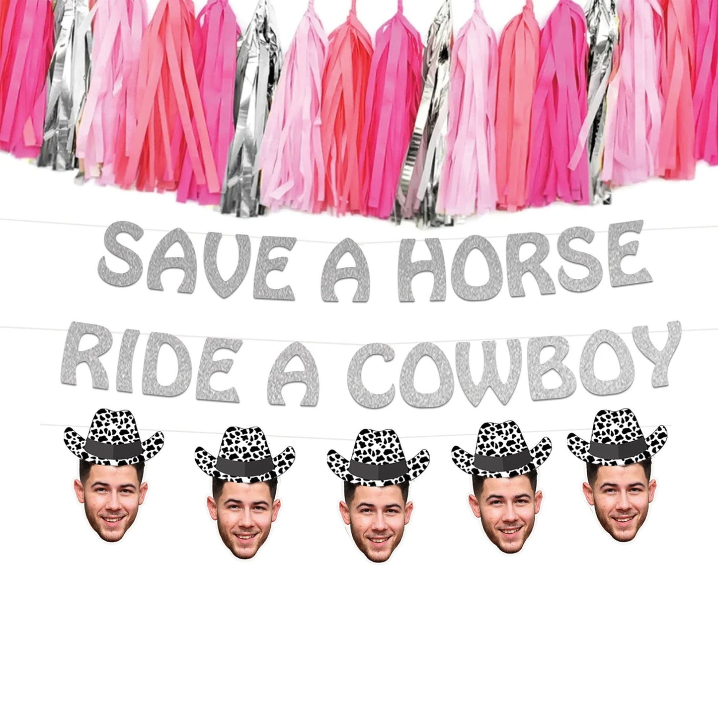 Save a Horse Ride a Cowboy Bachelorette Party Banner with Optional Groom Face Banner with Cow Print Hat, Disco Cow Girl Bachelorette