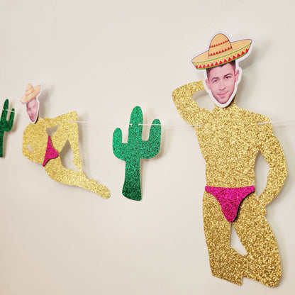 Final Fiesta Bachelorette Party Groom Face wearing Sombrero Stripper Banner with Cactus, Mexico Bachelorette