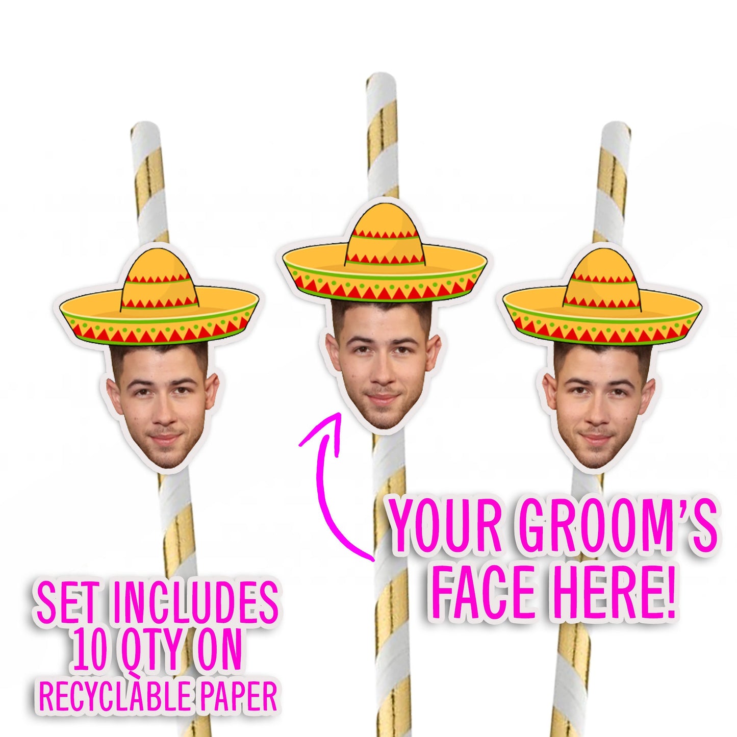Groom Face Wearing Sombrero Bachelorette Party Straws with Optional Confetti Package, Final Fiesta Sombrero Groom Head Decorations