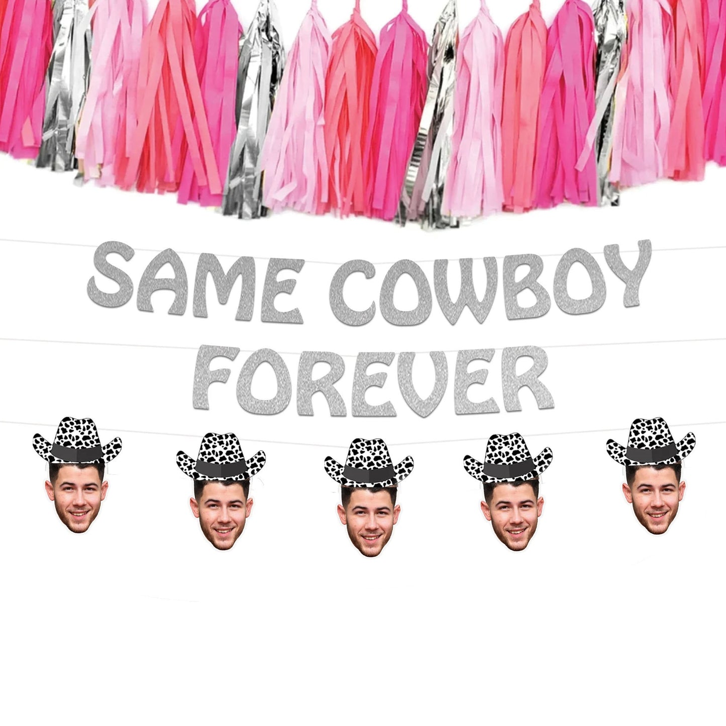 Same Cowboy Forever Bachelorette Party Banner with Optional Groom Face Banner with Cow Print Hat, Disco Cow Girl Bachelorette Decorations