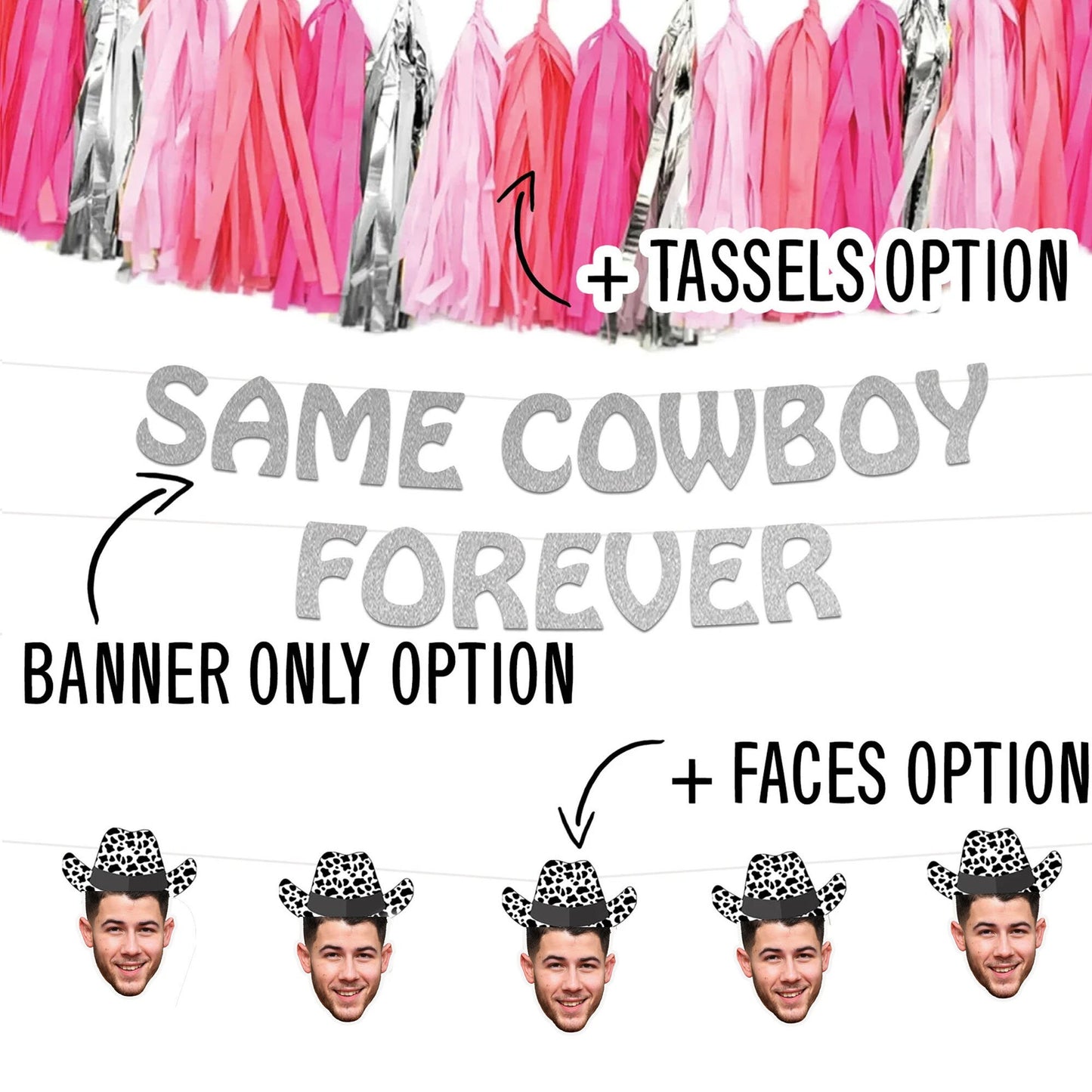 Same Cowboy Forever Bachelorette Party Banner with Optional Groom Face Banner with Cow Print Hat, Disco Cow Girl Bachelorette Decorations