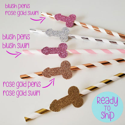 penis straws in assorted glitter colors of rose gold, gold, blush, and silver