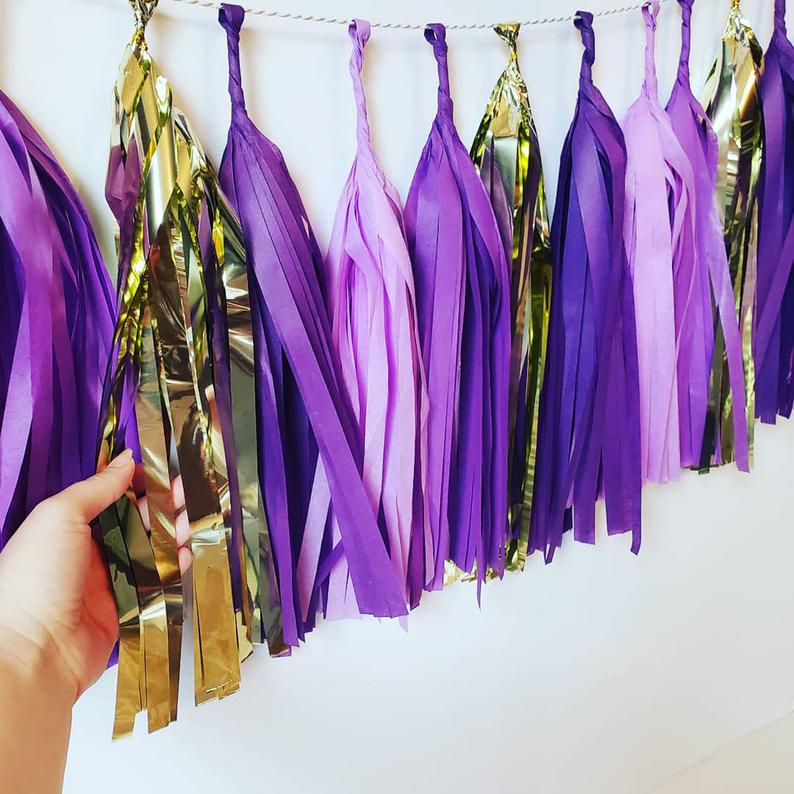 Purple and Gold Tassel Garland, New Orleans Bachelorette Tassels