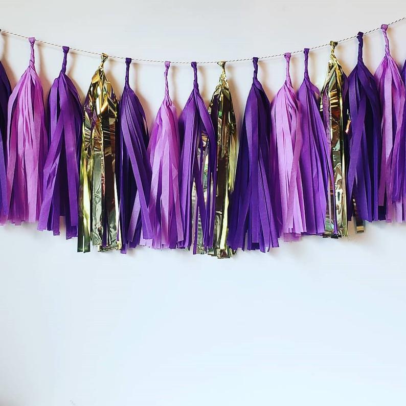 Purple and Gold Tassel Garland, New Orleans Bachelorette Tassels